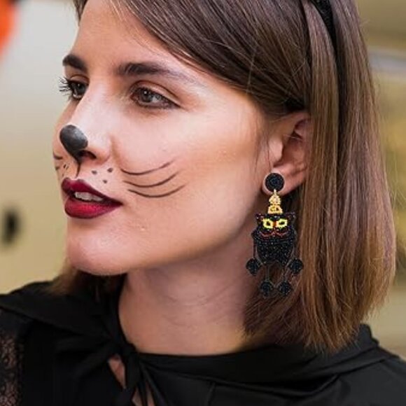 Black Cat Beaded Halloween Dangle Leg Pet Lovers Witch Theme Earrings - Picture 2 of 6